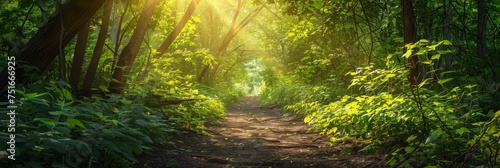 Green Foliage  Mysterious Summer Forest Tunnel  Sunny Path in Dense Vegetation  Copy Space