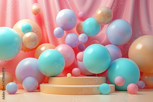 Whimsical Pastel Balloons Dancing in a Dreamy Hall of Celebration at Dawn