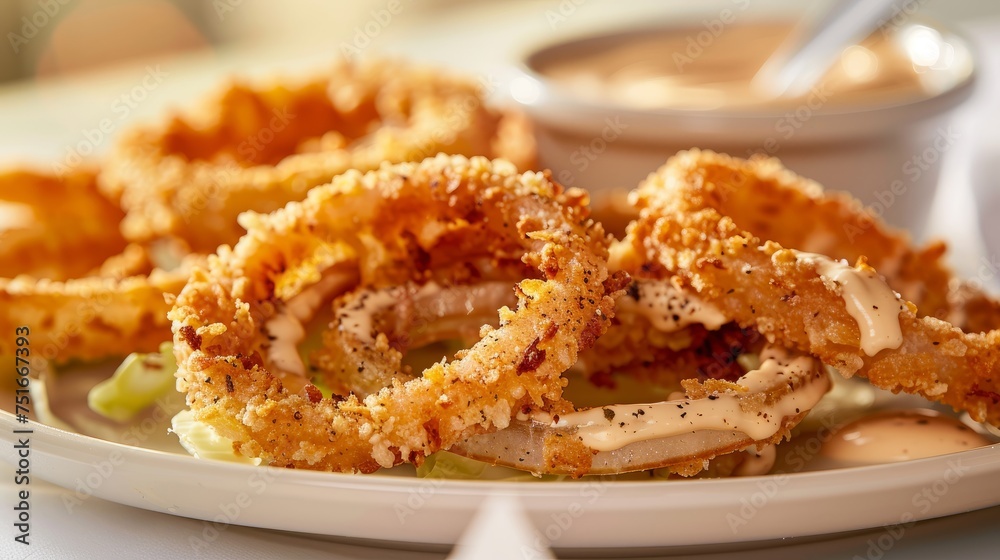 Crispy Onion Rings with Dipping Sauce on Plate
