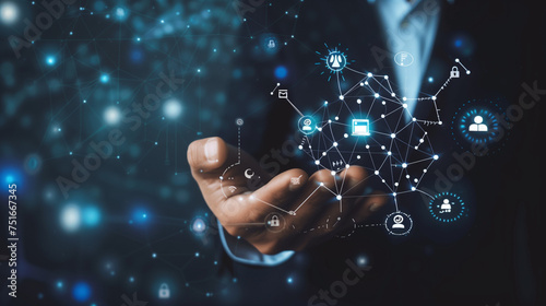 UserBusinessman hand-holding network administration icons with seamless network connections. Facilitating the smooth growth of the IT infrastructure and ensuring the optimal functioning of businesse