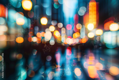 Craft a mottled background that evokes the bustling energy of a city at night, with blurred lights and shadows creating an abstract urban landscape