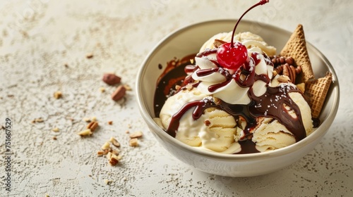 Decadent Vanilla Sundae Topped with Hot Fudge and Nuts