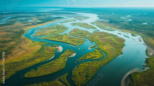 A stunning aerial shot of a river delta's verdant maze, with intricate waterways weaving through rich green landscapes, highlighting the complexity and beauty of natural habitats. photo