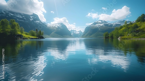 A scenic panorama featuring a mountainous landscape with a reflective lake, surrounded by forests and snow-capped peaks under a cloudy sky, highlighting the natural beauty and tranquility of a summer 