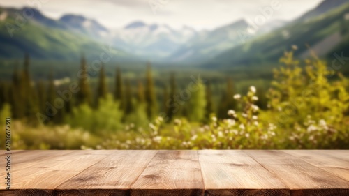 The empty wooden table top with blur background of Alaska nature. Exuberant image. generative ai