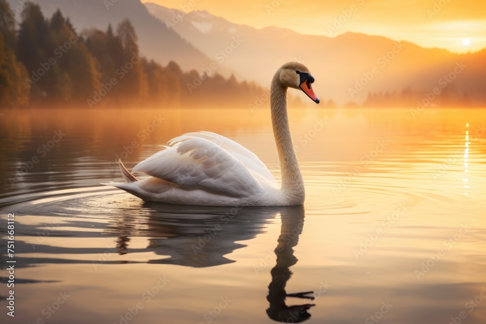 Fototapeta premium A swan gracefully gliding across on a calm lake, A swan on a lake with a sunset, Elegant swan, Ai generated