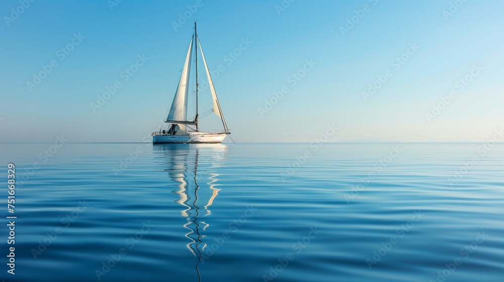 An elegant, solitary yacht sailing on a calm, azure sea under a clear blue sky