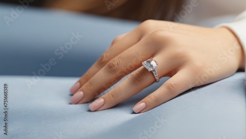 Diamond ring on the hand of a young woman  close-up