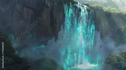 An artistic depiction of a magnificent waterfall, its turquoise waters illuminating the surrounding tropical foliage in a display of nature's enchantment.