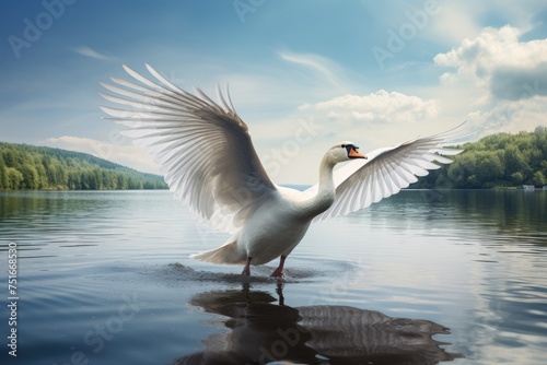 A swan gracefully gliding across on a calm lake, A swan on a lake with a sunset, Elegant swan, Ai generated © Tanu