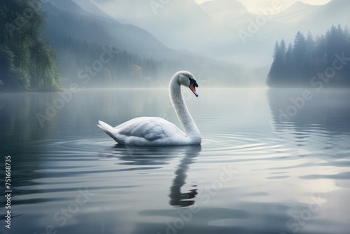 A swan gracefully gliding across on a calm lake, A majestic swan gracefully gliding across a serene lake, Ai generated
