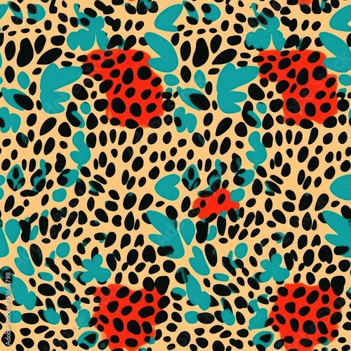 This seamless pattern combines retro leopard spots with bold floral shapes  creating a vivid design that exudes a sense of fun and nostalgia.