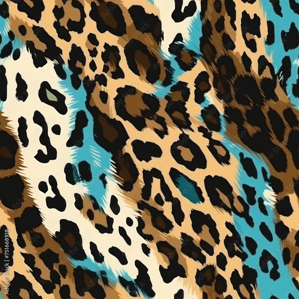 A seamless pattern with a time-honored leopard print, enriched with teal details, perfect for adding an exotic and stylish touch to any project. A seamless pattern with a time-honored leopard print, enriched with teal details, perfect for adding an exotic and stylish touch to any project.