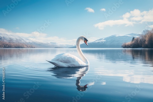 Elegant swan gliding gracefully across a serene lake at dawn, A swan gracefully gliding across on a calm lake, Ai generated