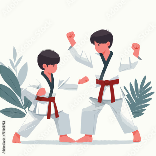 Karate kid in kimono training taekwondo sparring highkick  photo