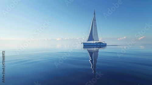 An elegant, solitary yacht sailing on a calm, azure sea under a clear blue sky