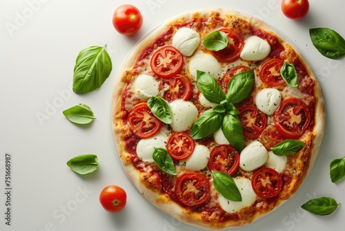 A Margherita pizza arranged in a minimalist flat lay, featuring sliced tomatoes, whole mozzarella balls, and fresh basil, offering a modern twist to the classic Italian staple.