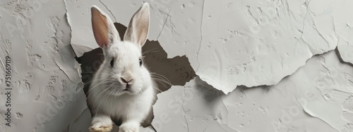 Cute rabbit. Easter bunny poster peeking out of a hole in the wall with copy space, rabbit jumps out of a torn hole photo