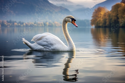 Elegant swan gliding gracefully across a serene lake at dawn  A swan gracefully gliding across on a calm lake  Ai generated
