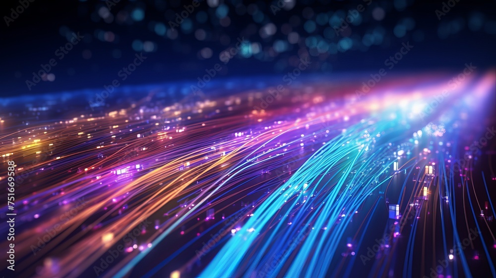 3D illustration illustrating digital information transmission through fiber optic cables. 3D illustration illustrating digital information transmission through fiber optic cables.