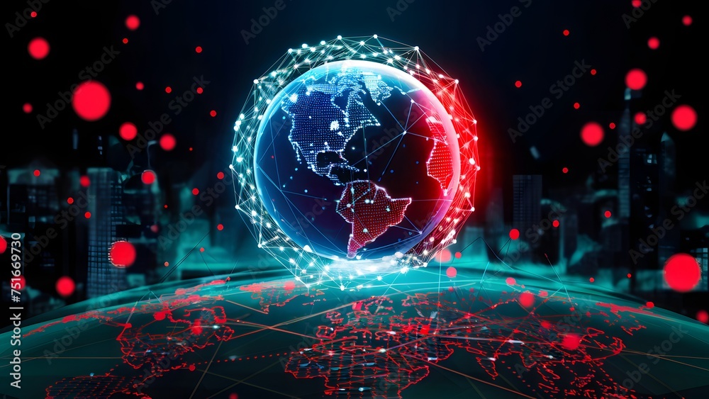 a digital globe surrounded by a web of connected lines, all set against a dark background. The globe is illuminated in blue and red hues. a digital globe surrounded by a web of connected lines, all set against a dark background. The globe is illuminated in blue and red hues.