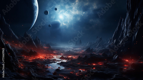 An otherworldly alien landscape illuminated by the glow of lava flows under a sky with multiple moons photo