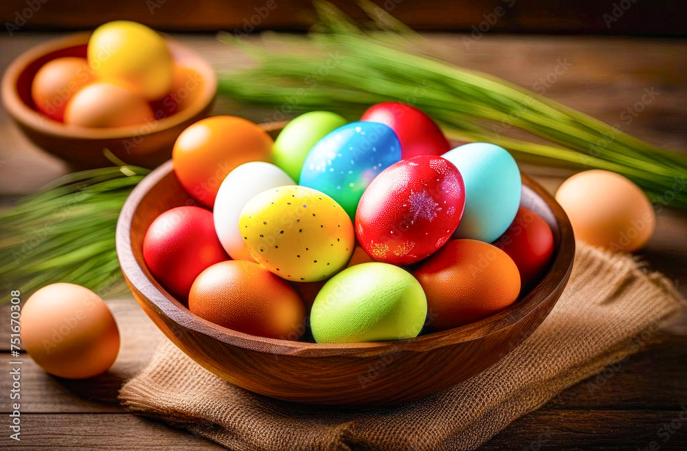 Happy Easter. Perfect colorful handmade easter eggs on wooden rustic table for your decoration in holiday. Spring and easter concept