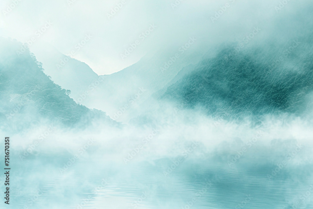 Create a mottled background that reflects the serene beauty of a misty morning in a mountainous landscape, with soft blues and greens blending into white fog