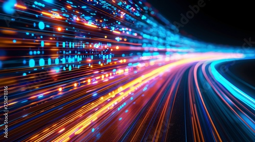 Abstract Speed light, Data speed lines on a dark background, representing the concept of optical cables and high internet speed. Lines of light symbolizing the flow of information.