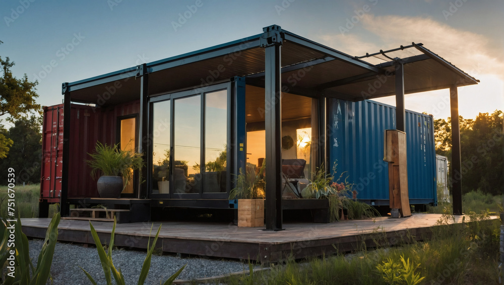 Sun-soaked shipping container home, artfully arranged and embodying the principles of eco-friendly living. Sun-soaked shipping container home, artfully arranged and embodying the principles of eco-friendly living.