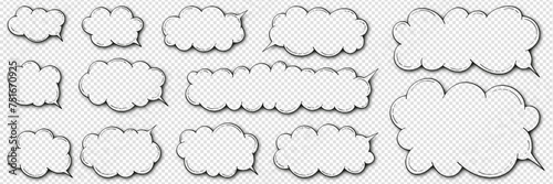 Set of cartoon speech bubbles in the shape of a cloud with halftone effect shadow on a transparent background. Vector doodles with place for text, hand drawn for banners, posters in comic style.