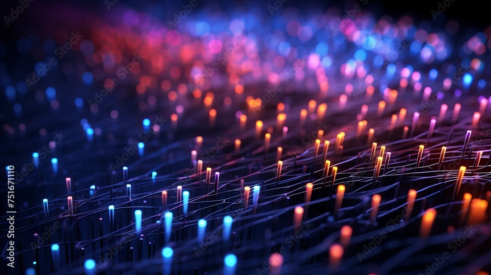 3D illustration of big data, featuring computer wires on a neural network with a shallow depth of field, representing a global artificial intelligence database, optical fiber, and virtual reality.