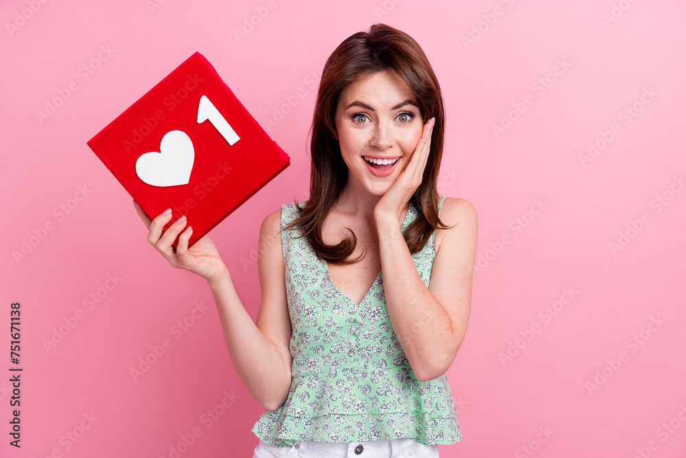 Photo of amazed surprised girl wear stylish clothes hand touch cheeks impressed blog popularity isolated on pink color background Photo of amazed surprised girl wear stylish clothes hand touch cheeks impressed blog popularity isolated on pink color background