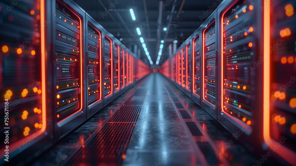 Fototapeta premium Glowing lights illuminate barn interior, where rows of hardware the thriving crypto mining