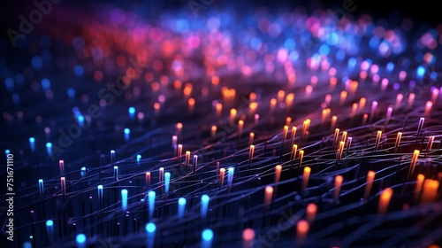 3D illustration of big data, featuring computer wires on a neural network with a shallow depth of field, representing a global artificial intelligence database, optical fiber, and virtual reality.