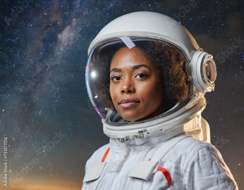 Black woman in astronaut suit, in the background a starry sky, created with generative AI technology.