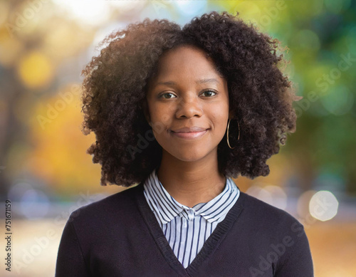 Photographic portrait of a black young woman on blurry background, created with generative AI technology.