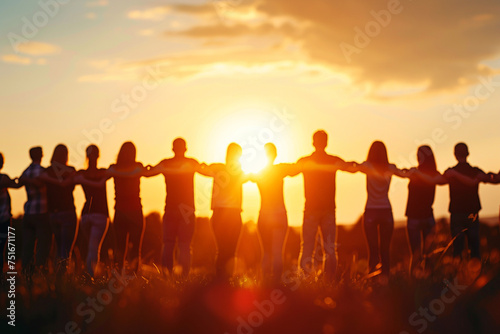 Group of people joining hands on the sunset. 