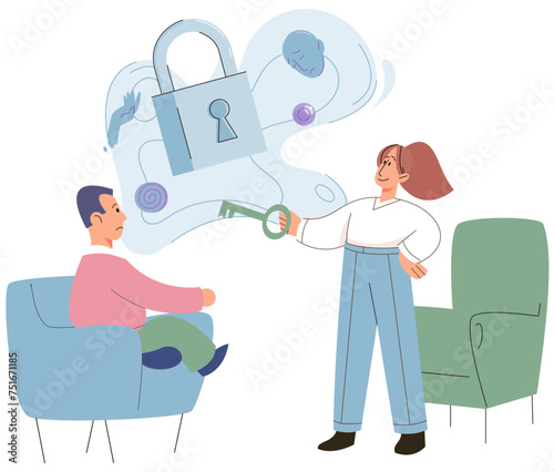 Mental therapy session with psychotherapist or psychologist. People practicing psychotherapy approaches, counseling. Individual session with patient. Growth mind and intelligence, self development