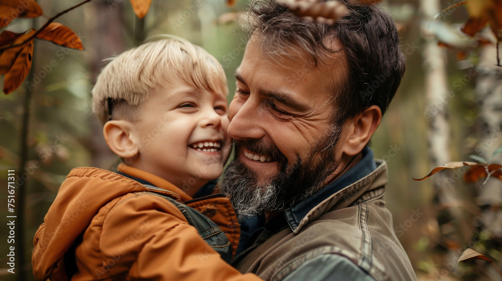 Father and son walking in the forest. Father and son walking in the forest.