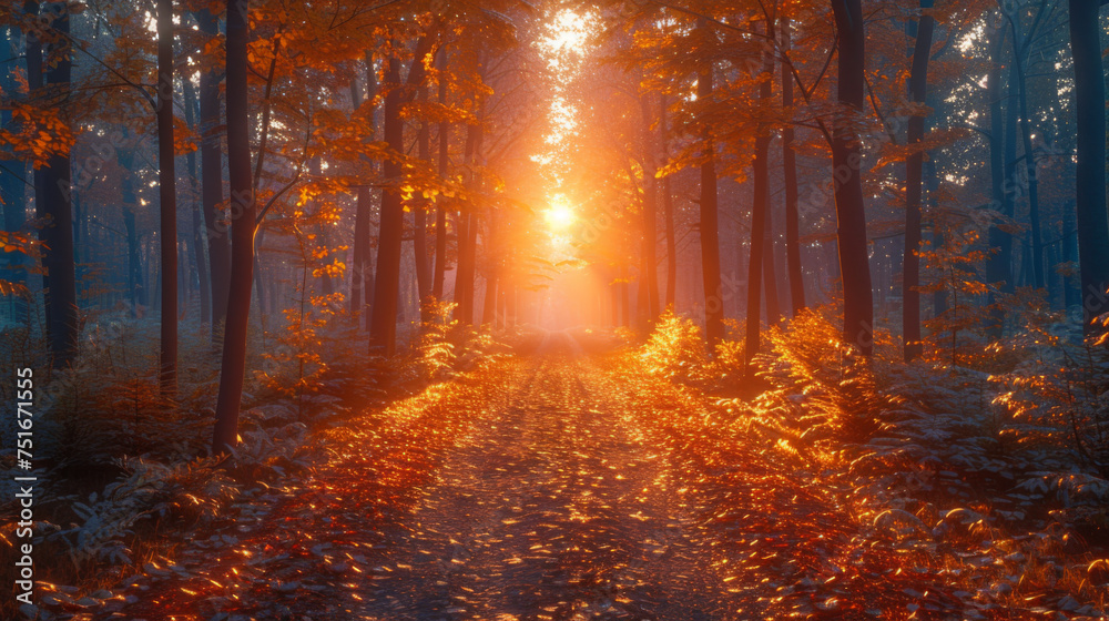 path through a golden forest at sunrise with fog and warm light.