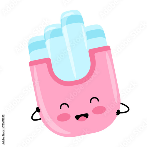 Menstrual gynecological tampon in a case. Women's intimate hygiene item. Happy kawaii character.