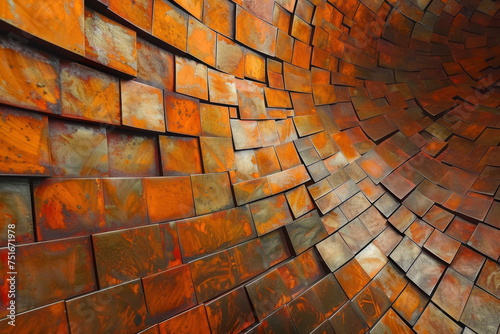 A abstract background of orange and brown squares  rotating and shifting on the grid.