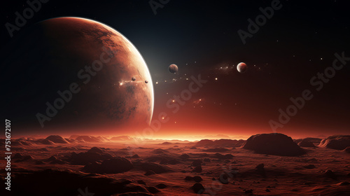 This evocative image portrays a breathtaking view of desolate landscape under alien planets and a starry sky, invoking wonder and exploration photo