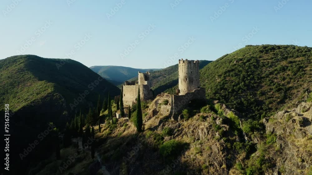 Aerial shot during the sunset of the four castles of Lastours in the south of France. Aerial shot during the sunset of the four castles of Lastours in the south of France.