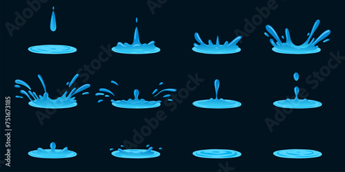 Dripping water animation. Cartoon liquid water splashes, clean aqua splatter animation frames flat vector illustration set. Water splash sprite sheet