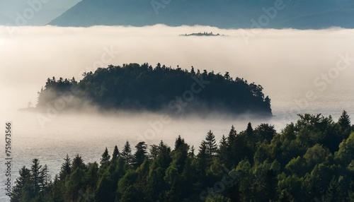 silhouette of a forested island lost in the fog