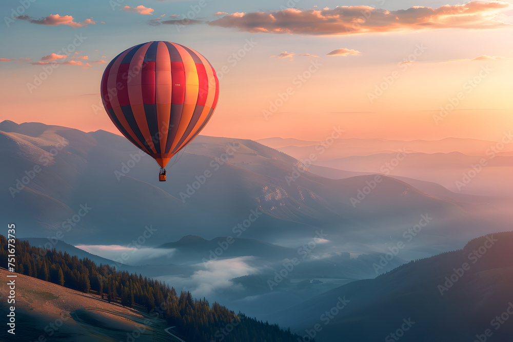 Fototapeta premium Large, colorful, airy, flying balloons in the sky over the mountains,