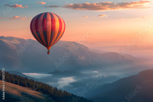 Large, colorful, airy, flying balloons in the sky over the mountains,