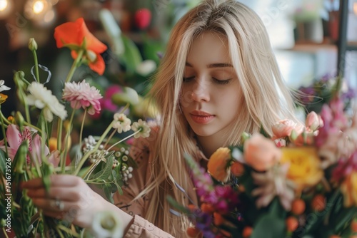 A woman is busy arranging various fresh flowers in a flower shop. She is focused on selecting the right blooms and placing them into different vases and arrangements.